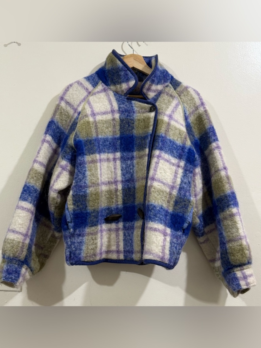 forte_forte Plaid Wool-Blend Pea Coat in Blue, Olive & Cream - Picture 3 of 11